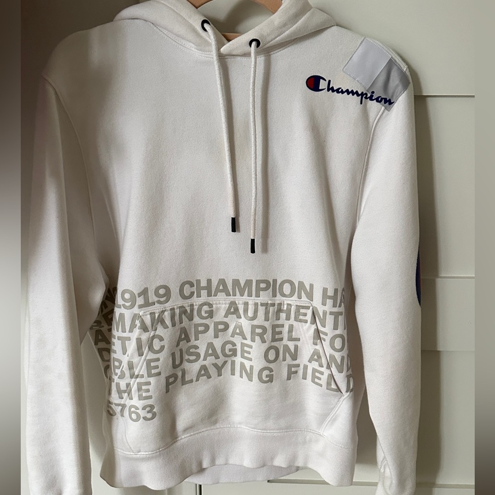 blue and white champion hoodie